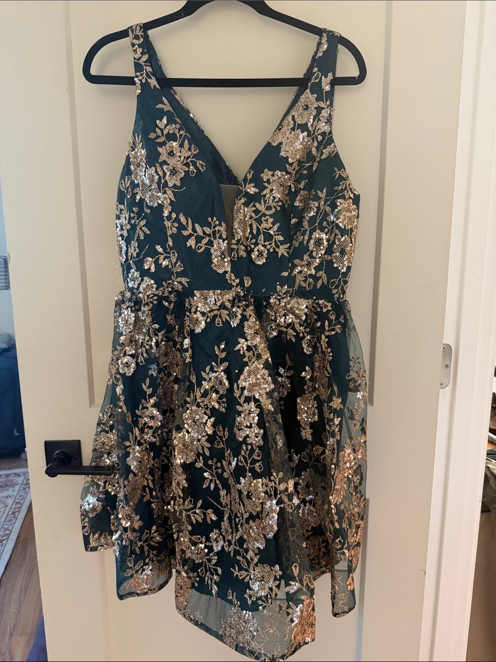 Altar'd State Emerald Green Mini Dress with Gold Sequin Floral Detail